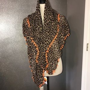 Leopard Pom Pom trimmed scarf